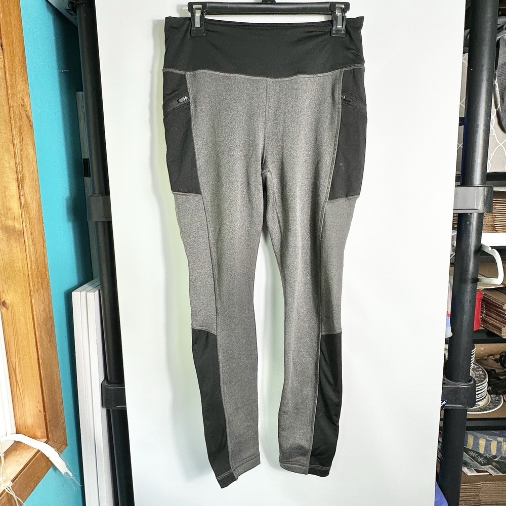 Active Life Fleece Lined Leggings Gray Black Womens Size L‎ Zip Pocket Yoga